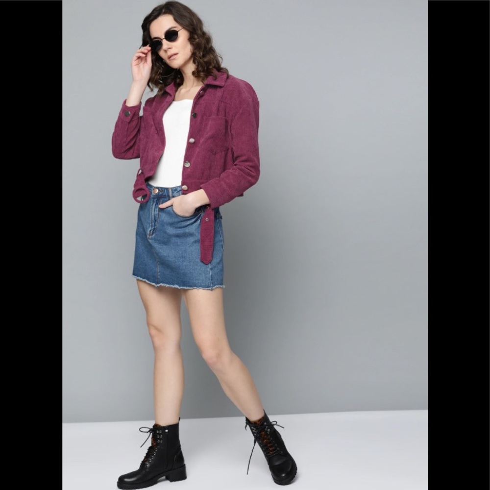 Women Solid Corduroy tailored jacket with belt